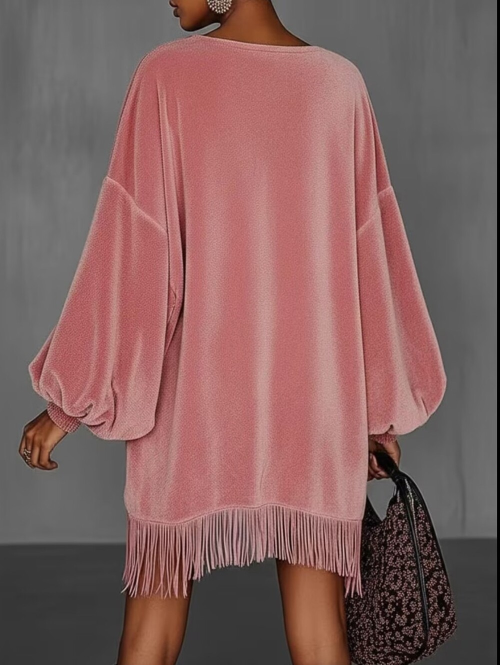 Blush Pink Velvet Fringe Tunic Dress - Picture 4 of 4
